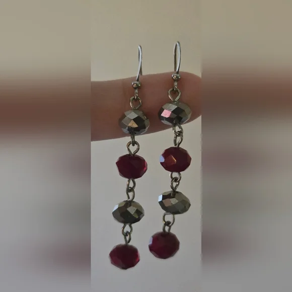 Silver and Red Beaded Dangle Earrings - Picture 2 of 5